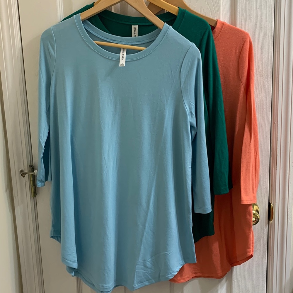 Set of 3, 3/4 Sleeve Tee, Peach, Green and Light Blue, Size Large